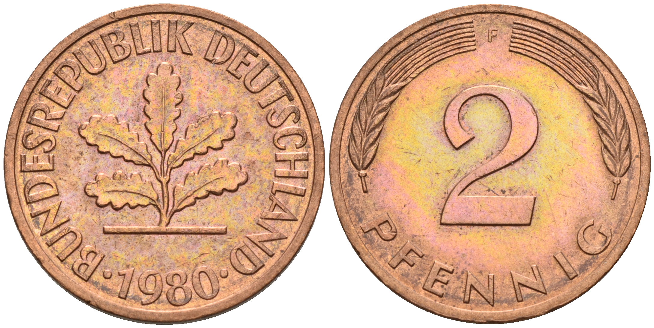 ФРГ 2 пфеннига 1980 F KM 106 сталь плакированная бронзой  UNC  4160-1157