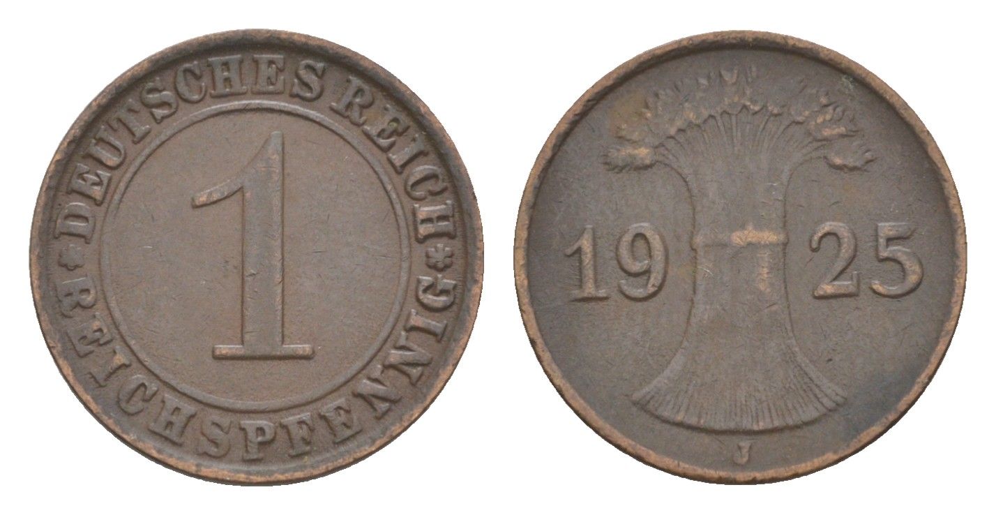 Германия 1 рейхспфенниг 1925 J KM 37, J. 313 бронза 4644-1034
