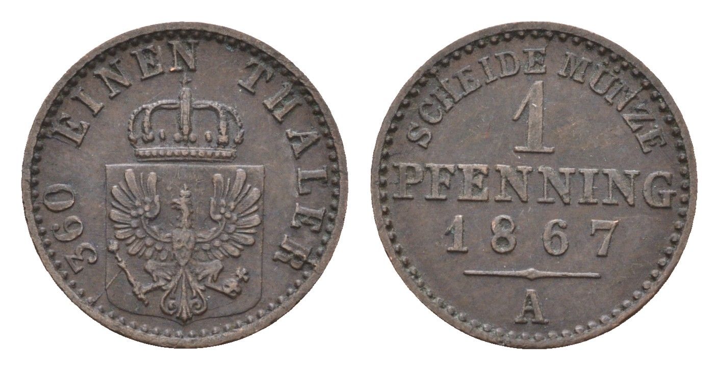 Пруссия 1 пфенниг 1867 A, Вильгельм I (1861-1888) KM 480 медь 4151-917