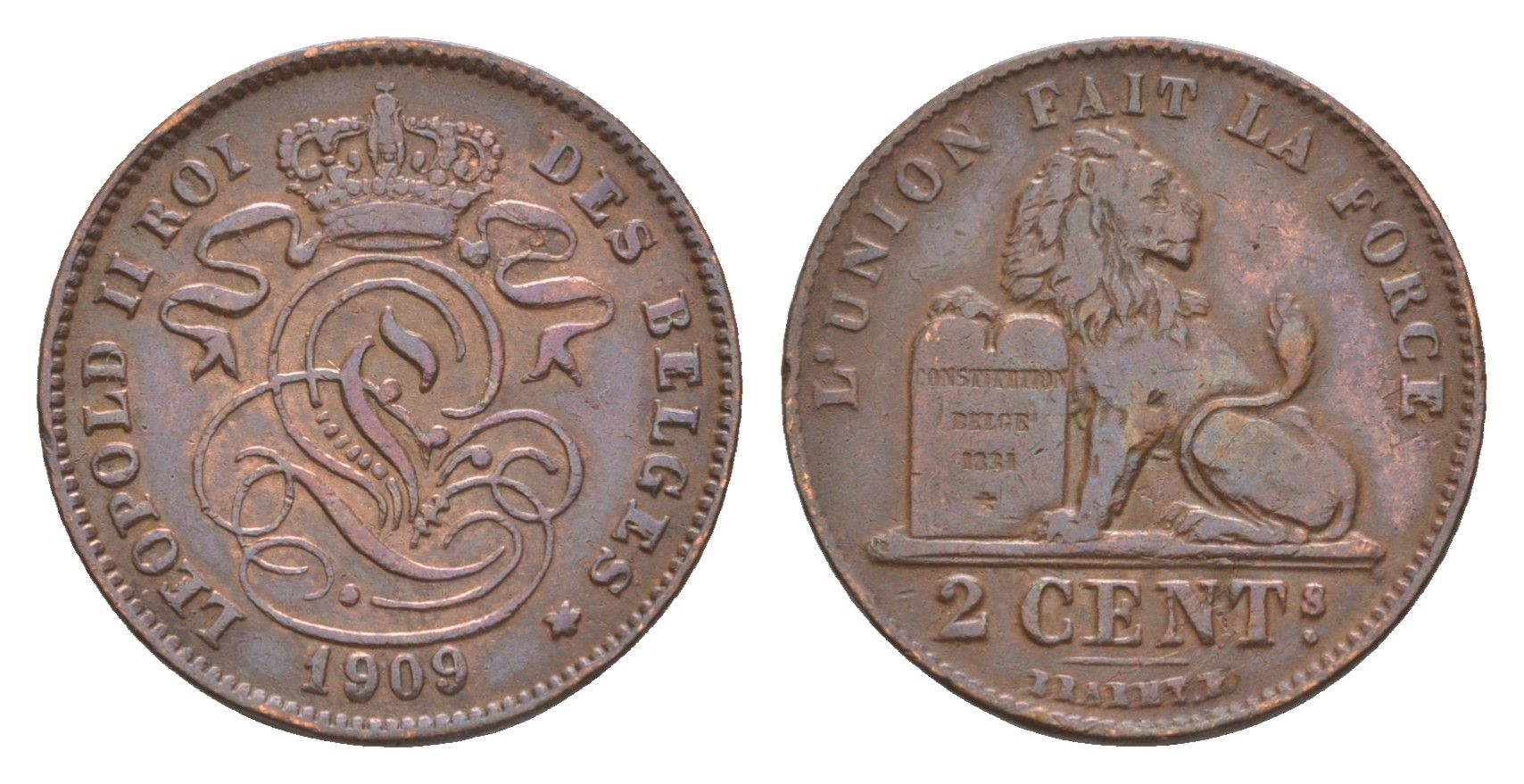 Бельгия 2 сантима 1909 Des Belges, Леопольд II (1865-1909) KM 35 медь 4658-758