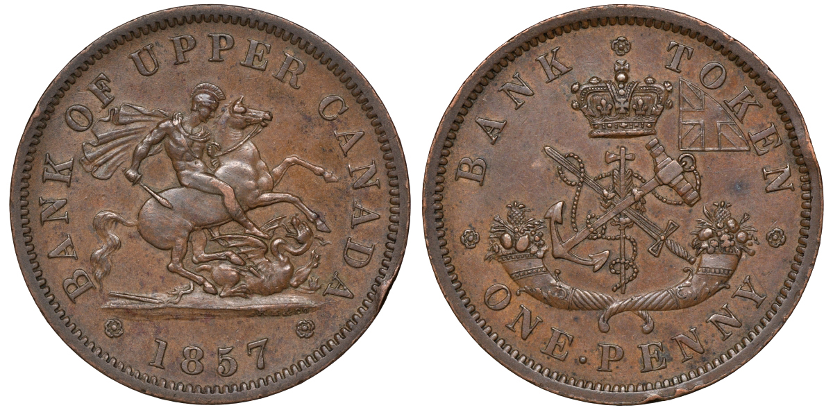 Канада 1 пенни 1857 банка Верхней Канады, Upper Canada CCT PC-6C, Breton His 719, KM Tn4 медь 1531-645