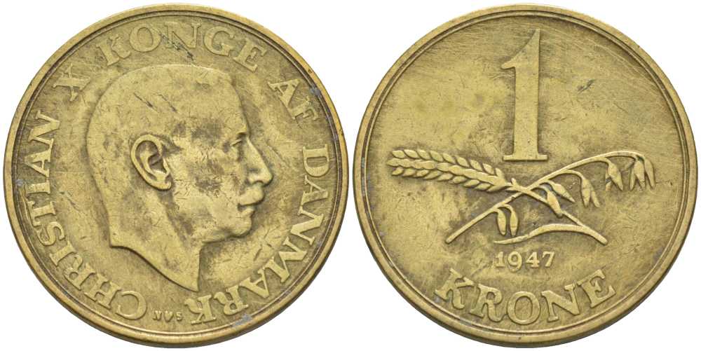 ДАНИЯ 1 КРОНА 1947 N; S, КРИСТИАН X (1912-1947) KM 835 алюминиевая бронза 38-431