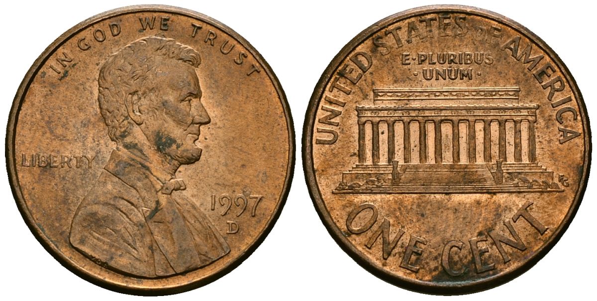 США 1 цент 1997 D, Линкольн KM 201b цинк плакированный медью 4136-344