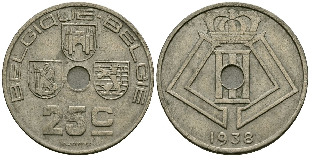 Бельгия 25 сантимов 1938 BELGIQUE - BELGIE KM 114 никель латунь 4172-131
