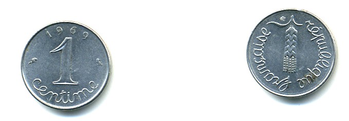 ФРАНЦИЯ 1 САНТИМ 1969 KM 928 хромированная сталь 80-616