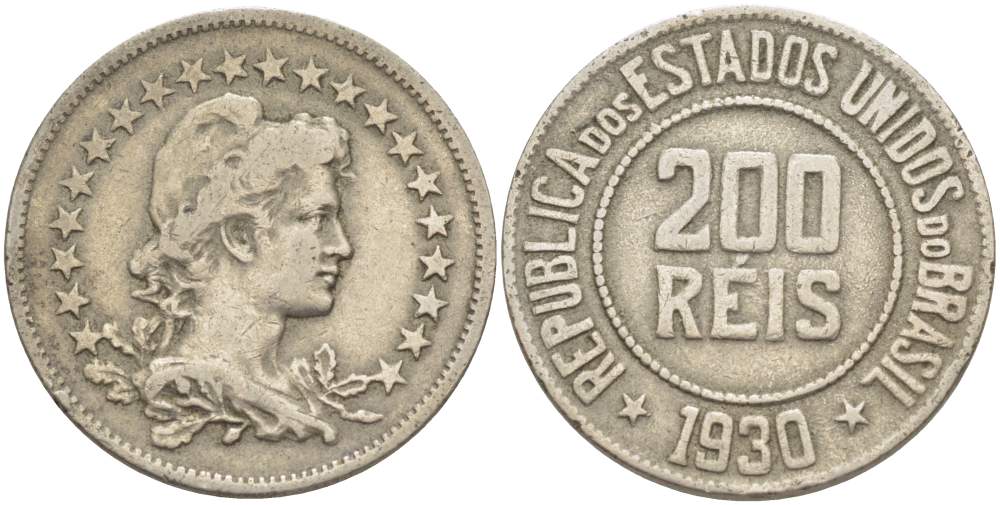 БРАЗИЛИЯ 200 РЕЙС 1930 ГОЛОВА СВОБОДЫ ВПРАВО KM 519 медно-никель 4529-554