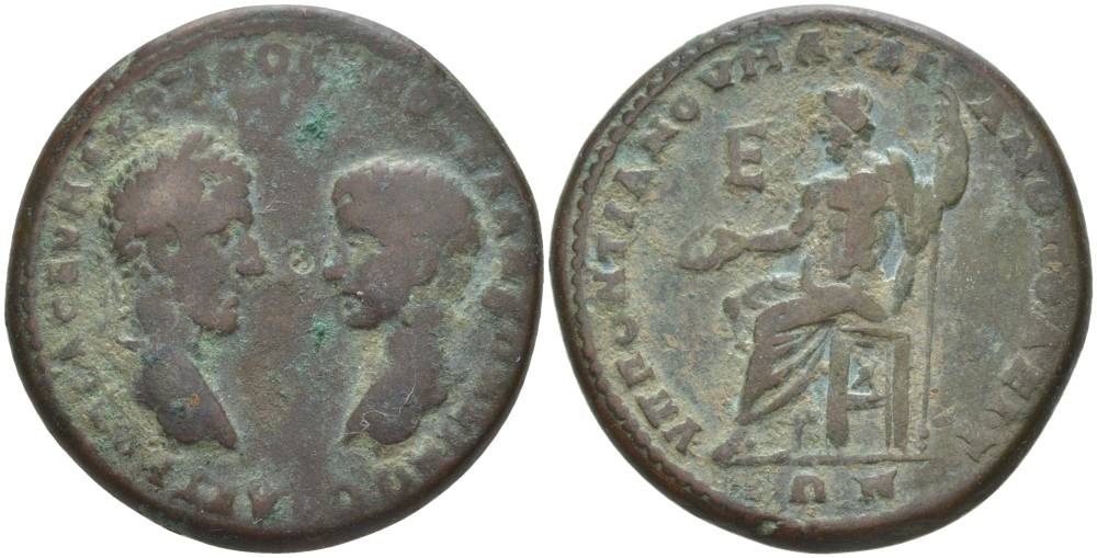 Римская Империя, Провинция Нижняя Мезия, Маркианополь пентассарий 241 - 244 Макрин и Диадумениан, бюсты императора и цезаря / Зевс, 11,44 гр rare медь 1073-22-65
