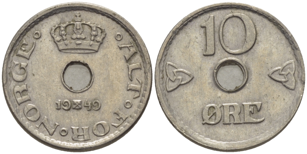 НОРВЕГИЯ 10 ЭРЕ 1949 ХОКОН VII (1905-1957) KM 383 медно-никель 100-121