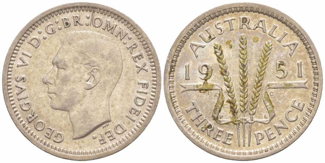 Австралия 3 пенса 1951 PL, Георг VI (1937-1952) KM 44 серебро 3955-1138