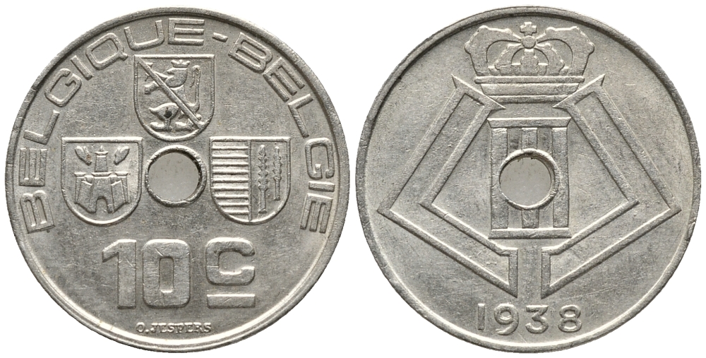 БЕЛЬГИЯ 10 САНТИМОВ 1938 BELGIQUE-BELGIE KM 112 никель латунь 34-1124