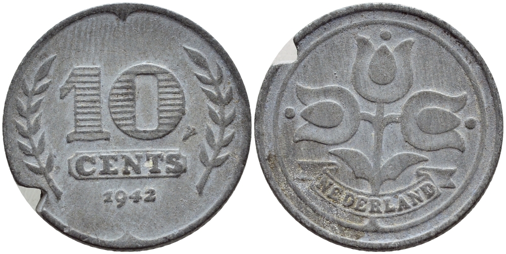 НИДЕРЛАНДЫ 10 ЦЕНТОВ 1942 ВИЛЬГЕЛЬМИНА (1890-1948) БРАК КРУЖКА KM 173 цинк 179-925