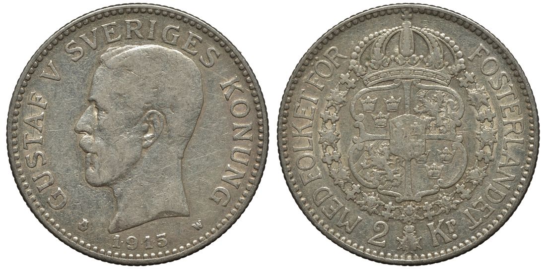 Швеция 2 кроны 1915 W, Густав V (1907-1950) KM 787 серебро 413-6321
