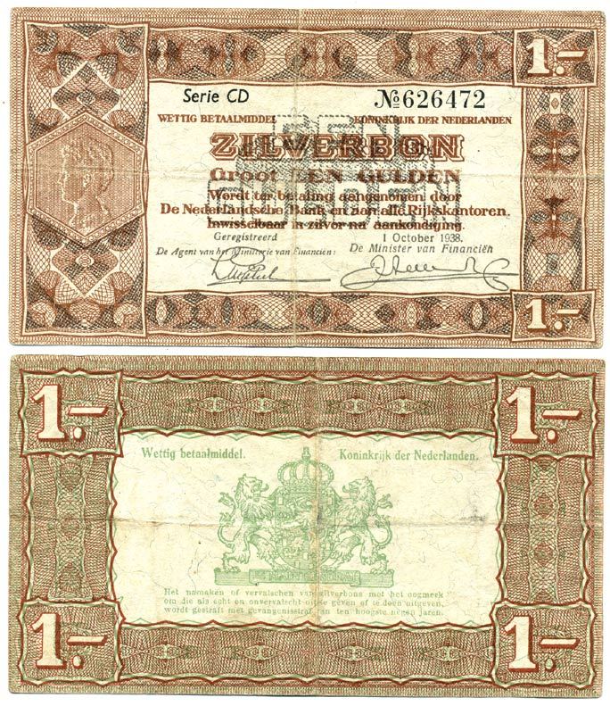 Нидерланды 1 гульден 1938 серебряный ваучер, в серии 2 буквы, 6 цифр Pick 61, Akkermans 4.1 b  бумага 7147-17-1