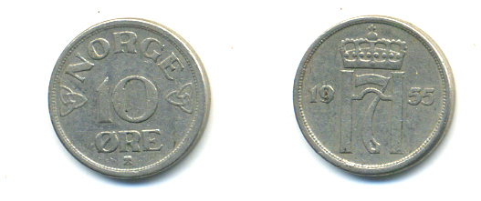 НОРВЕГИЯ 10 ЭРЕ 1955 ХОКОН VII KM 396 медно-никель 89-323