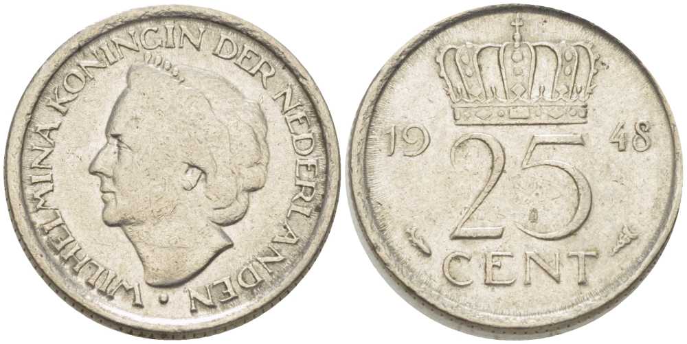 НИДЕРЛАНДЫ 25 ЦЕНТОВ 1948 ВИЛЬГЕЛЬМИНА (1890-1948) KM 177 никель 211-635
