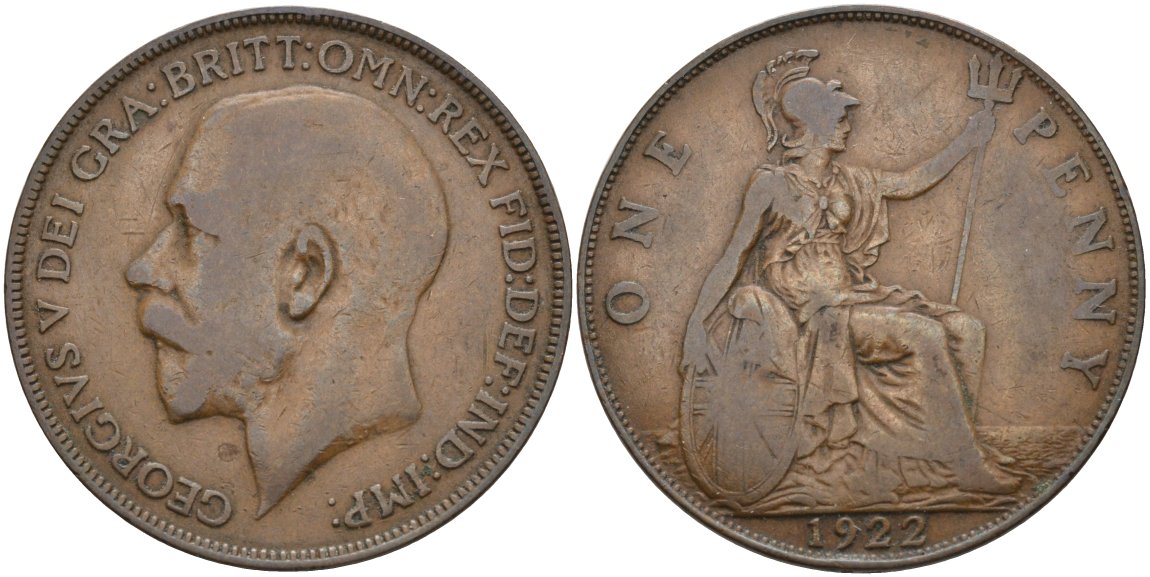 Великобритания 1 пенни 1922 Георг V (1910-1936) KM 810, Spink 4051 бронза 4557-336