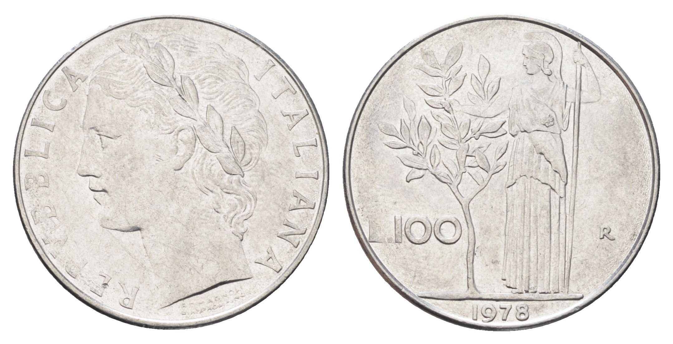 Италия 100 лир 1978 R, Афина в доспехах KM 96.1 нержавеющая сталь 4704-752
