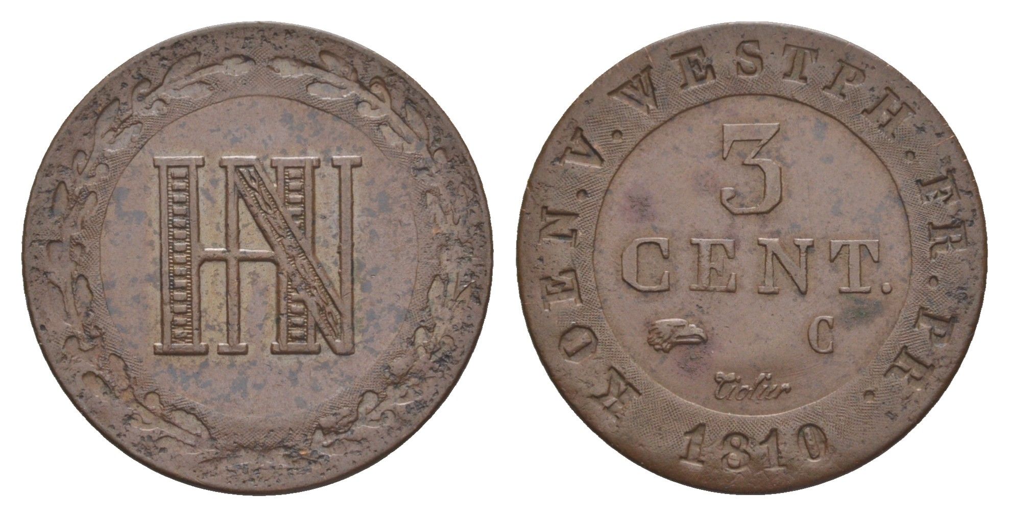 Вестфалия 3 сантима 1810 C, Жером Бонапарт (1807-1813), из коллекции Ричарда Б. Смита Smith 297, KM 93, ASK 41 медь 1525-1114