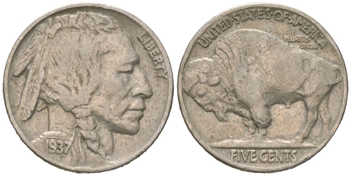США 5 центов 1937 индеец, бизон KM 134 медно-никель 4614-1264