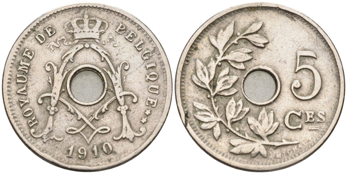 Бельгия 5 сантимов 1910 Belgique, Альберт I (1909-1934) KM 66 медно-никель 4594-359
