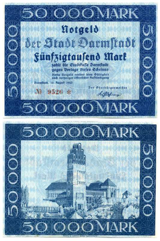 ДАРМШТАДТ, ГЕРМАНИЯ 50000 МАРОК 1923 10 АВГУСТА 1923, НОТГЕЛЬД, ЗЕМЛЯ ГЕССЕН Keller 954а бумага XF+ 8613-28-2-1