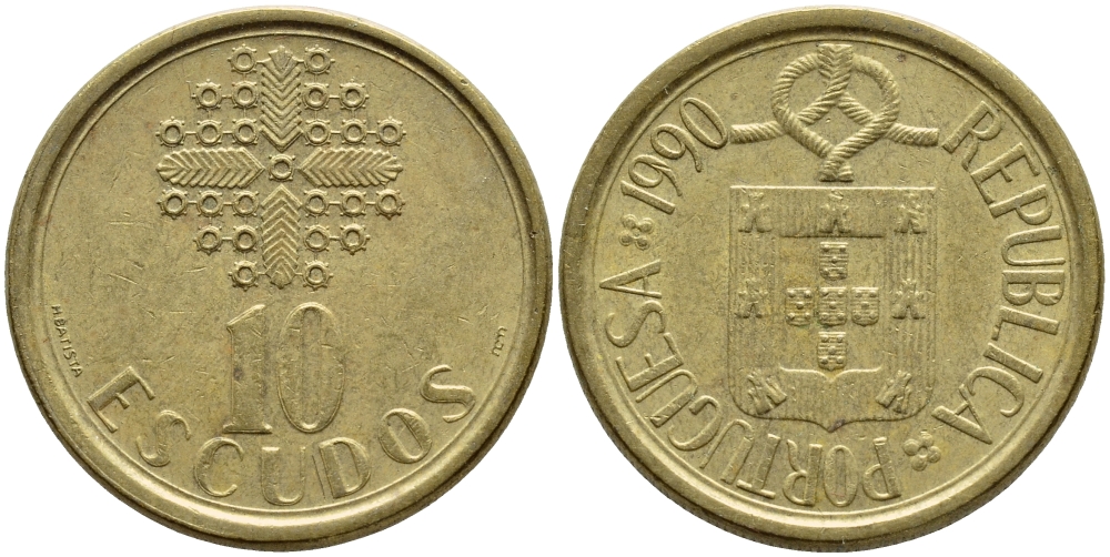 ПОРТУГАЛИЯ 10 ЭСКУДО 1990 KM 633 никель латунь 4395-1012
