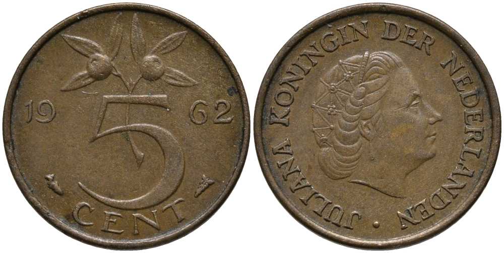 НИДЕРЛАНДЫ 5 ЦЕНТОВ 1962 ЮЛИАНА KM 181 бронза 113-652