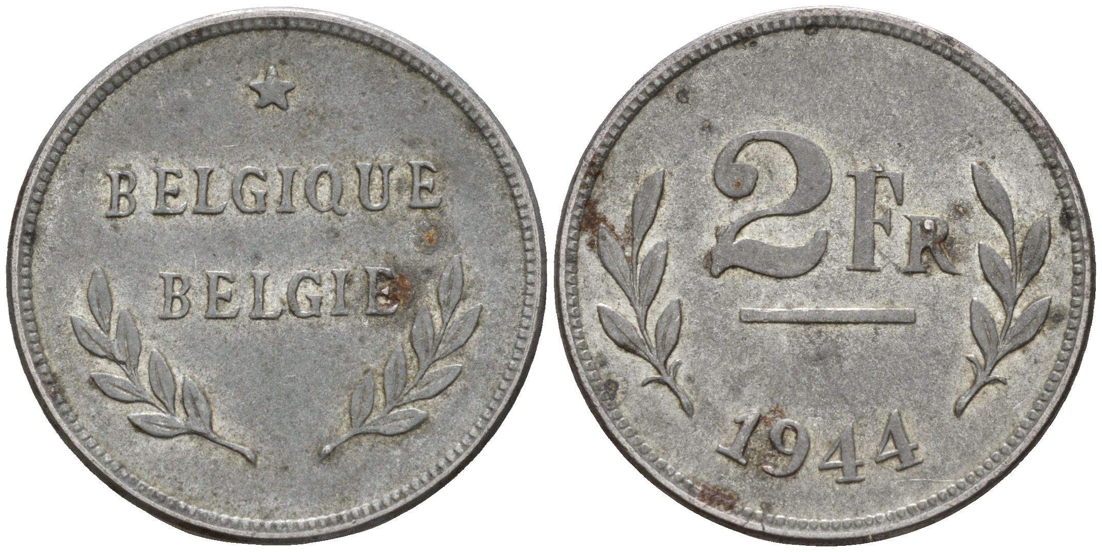 Бельгия 2 франка 1944  KM 133 сталь плакированная цинком    4596-259