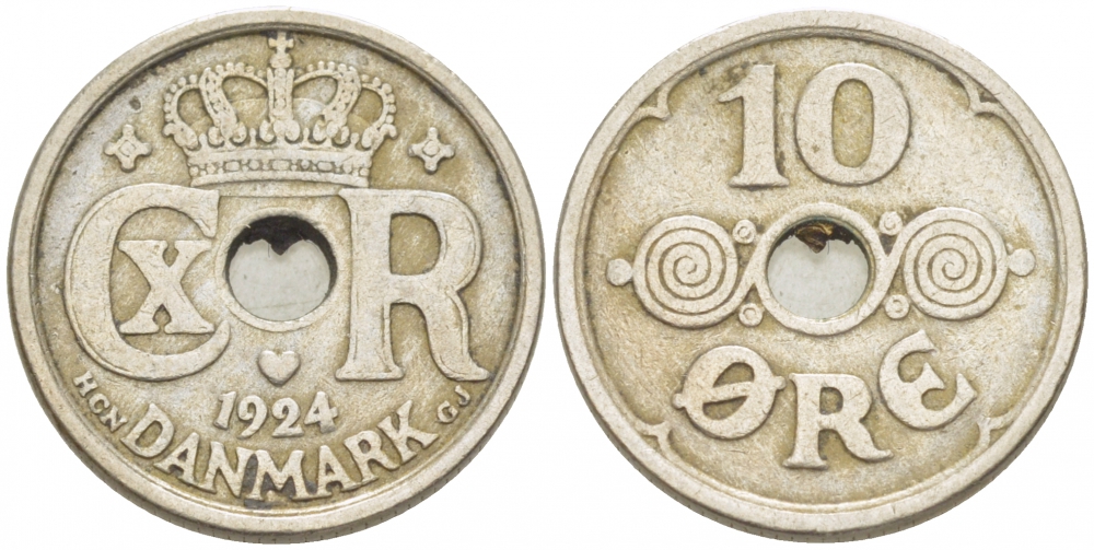 ДАНИЯ 10 ЭРЕ 1924 HCN ; GJ, КРИСТИАН X (1912-1947) KM 822.1 медно-никель 3309-138