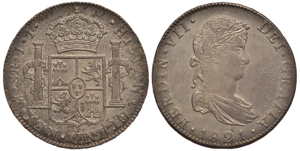Мексика 8 реалов 1821 JJ, монетный двор Mo (Мехико Сити), Фердинанд VII Испанский (1808-1821) KM 111 серебро 00-000-00