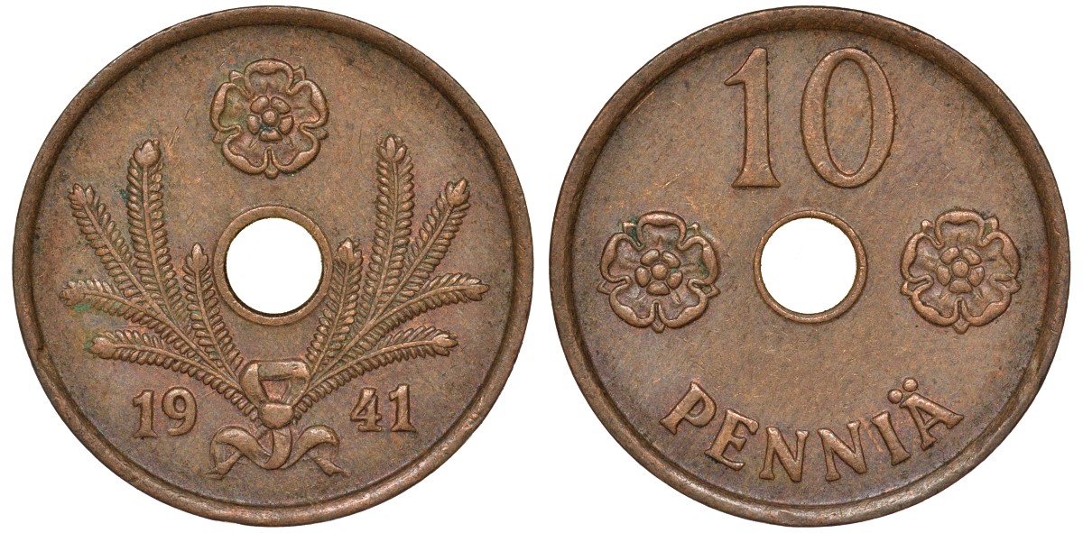 Финляндия 10 пенни 1941 KM 33.1 медь 51-3533