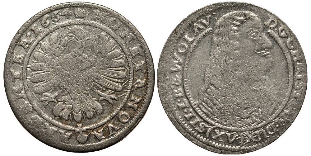 Силезия-Лигниц-Бриг 15 крейцеров 1664 Кристиан серебро 413-1332