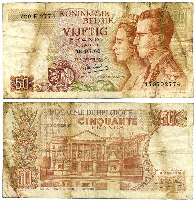 БЕЛЬГИЯ 50 ФРАНКОВ 1966 16 МАЯ 1966, КОРОЛЬ БОДУЭН I И КОРОЛЕВА ФАБИОЛА, ПОДПИСЬ 19 Pick 139 бумага 7222-51-3-2