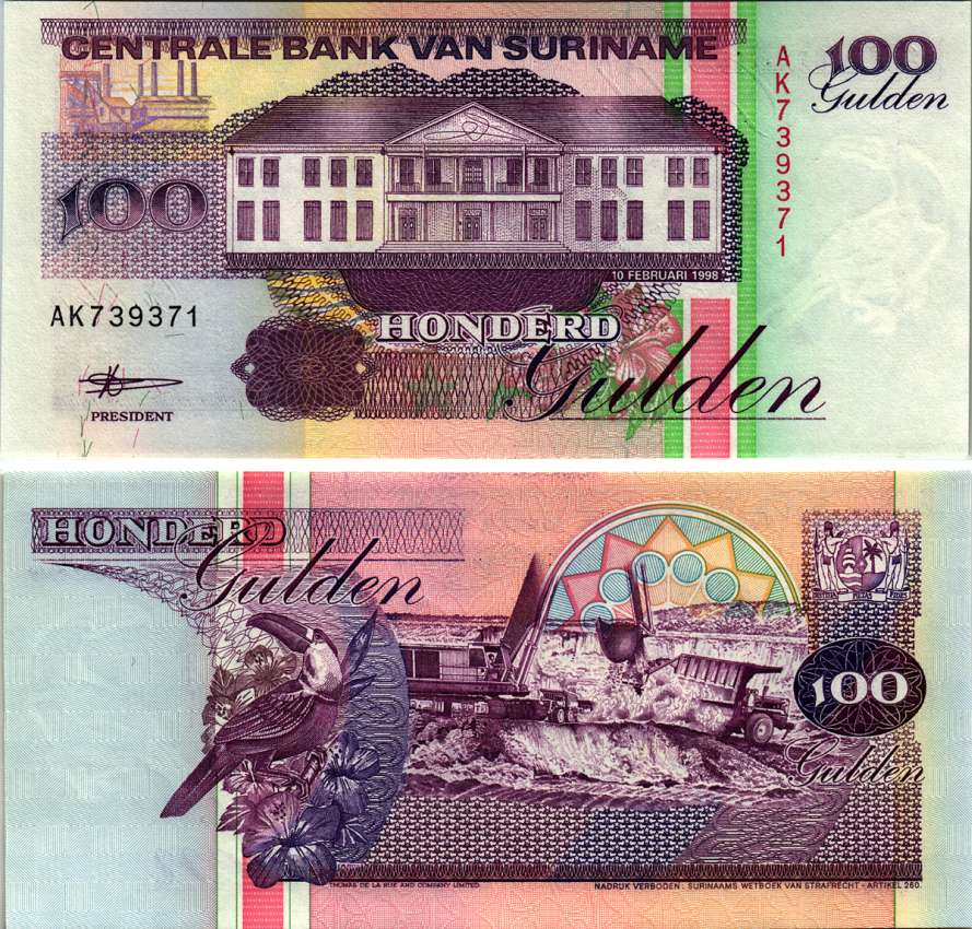 Суринам 100 гульденов 1998 здание Центрального банка, тукан, экскаватор, самосвал Pick 139b бумага UNC (пресс) 7220-66-3