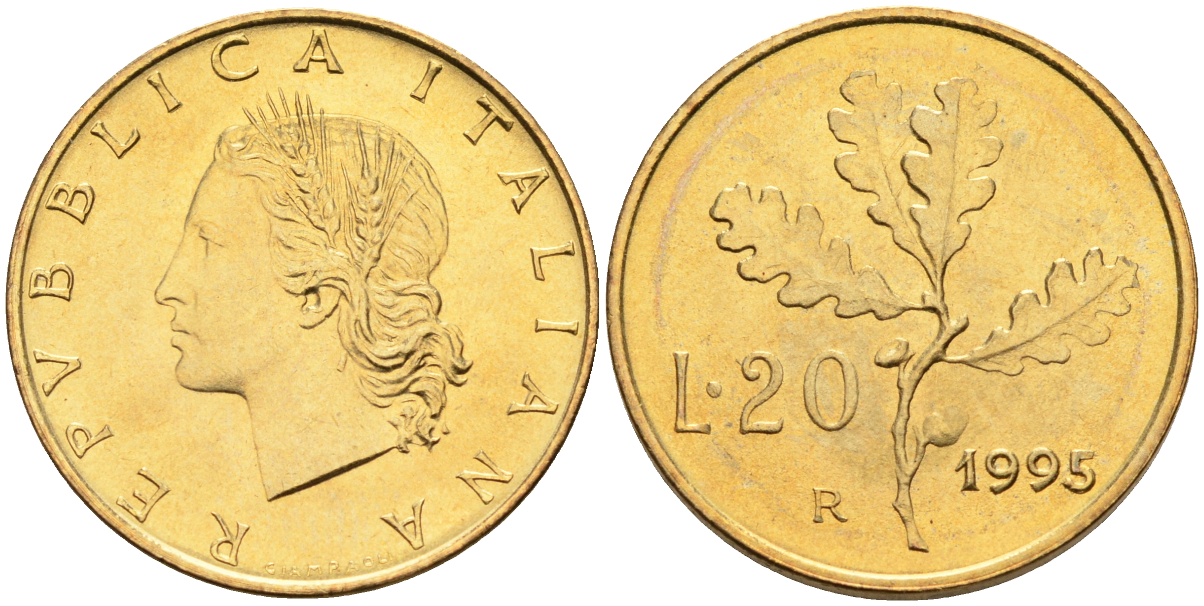 Италия 20 лир 1995 R, дубовый лист KM 97.2 алюминиевая бронза  UNC  4594-1019