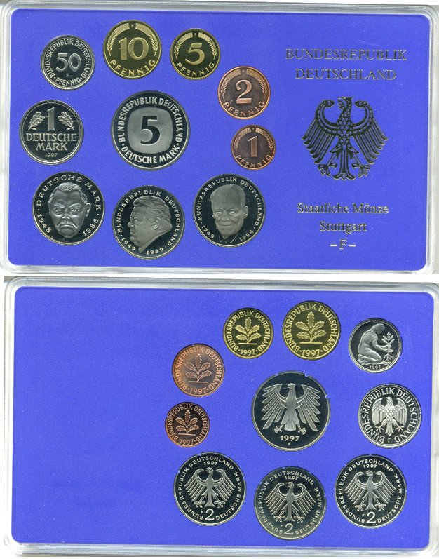 ФРГ государственный набор из 10 монет 1997 F    PROOF  3-5-3-31