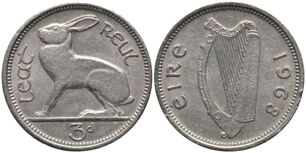 Ирландия 3 пенса 1968 заяц KM 12а медно-никель 4387-1047
