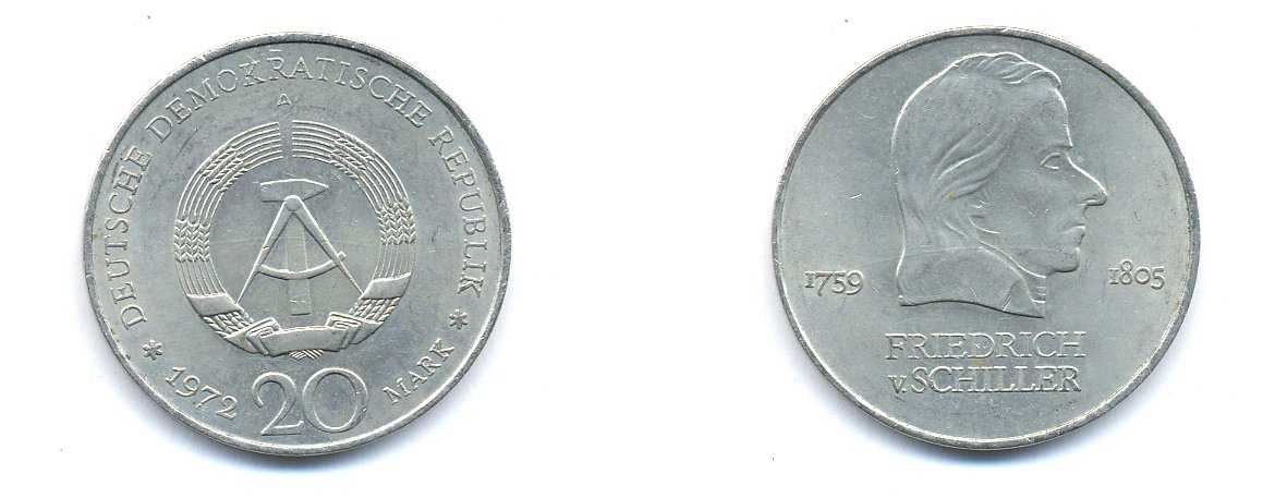 ГДР 20 марок 1972 А, Фридрих Шиллер (1759-1805) KM 40 медно-никель 3333-732