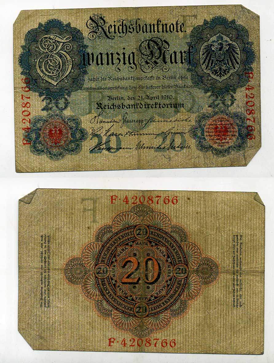 ГЕРМАНИЯ 20 МАРОК 1910 7 значный номер Pick 40 b бумага 6283-7-3