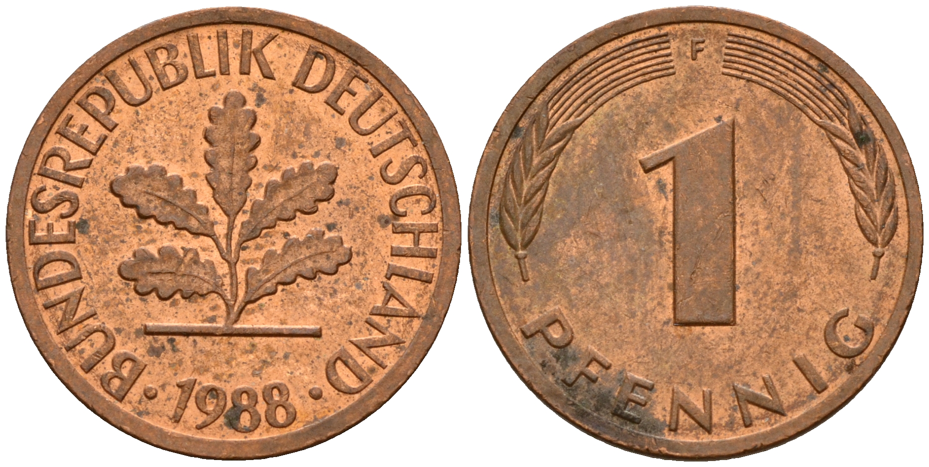 ФРГ 1 пфенниг 1988 F KM 105, J. 380 сталь плакированная медью    4598-646