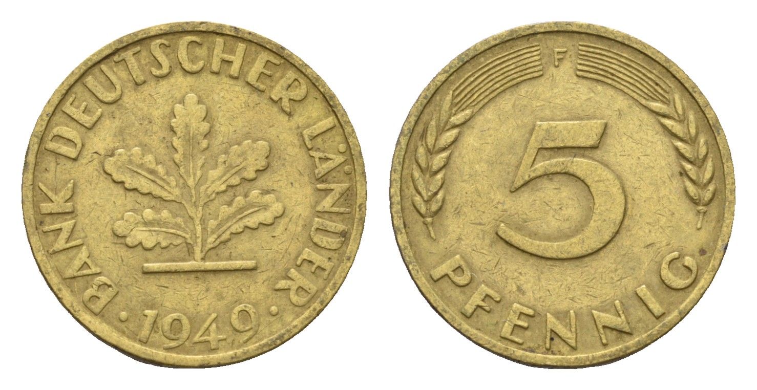 ФРГ 5 пфеннигов 1949 F KM 102, J. 377 сталь плакированная латунью 4685-364