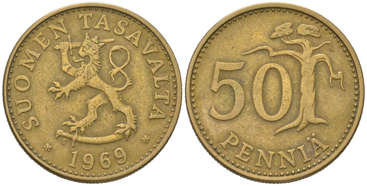 Финляндия 50 пенни 1969 S KM 48 алюминиевая бронза 4577-825