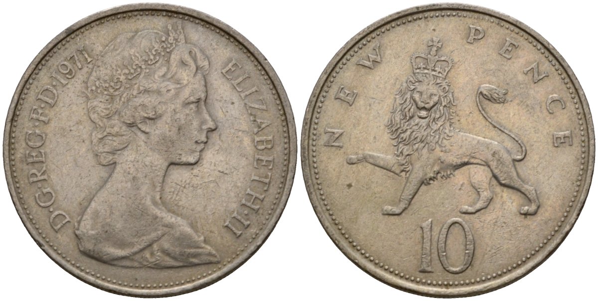 Великобритания 10 пенсов 1971 Елизавета II (1952-2022) KM 912, Spink 4231 (F1) медно-никель 4599-311