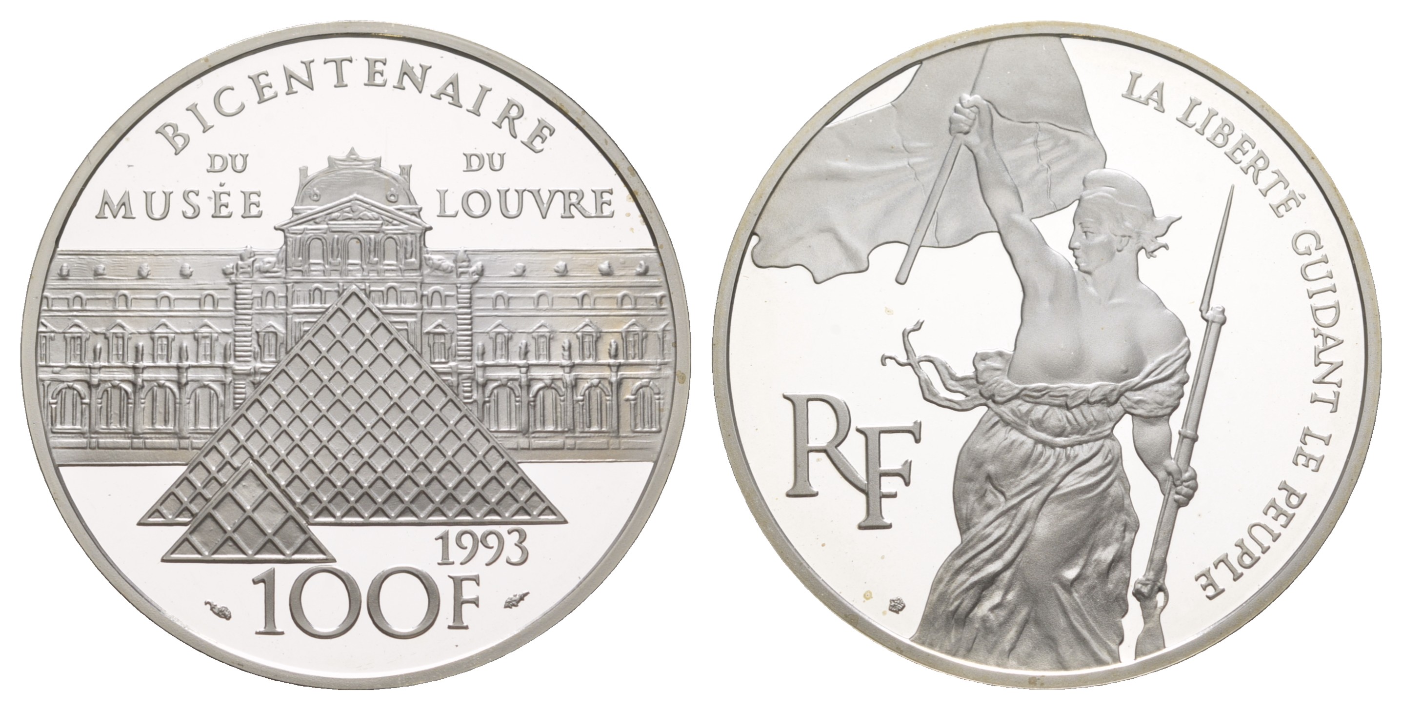 Франция 100 франков 1993 200 лет Лувра, Свобода, Делакруа, в оригинальной коробке, сертификат KM 1018.2 серебро  PROOF  1-6-4-53