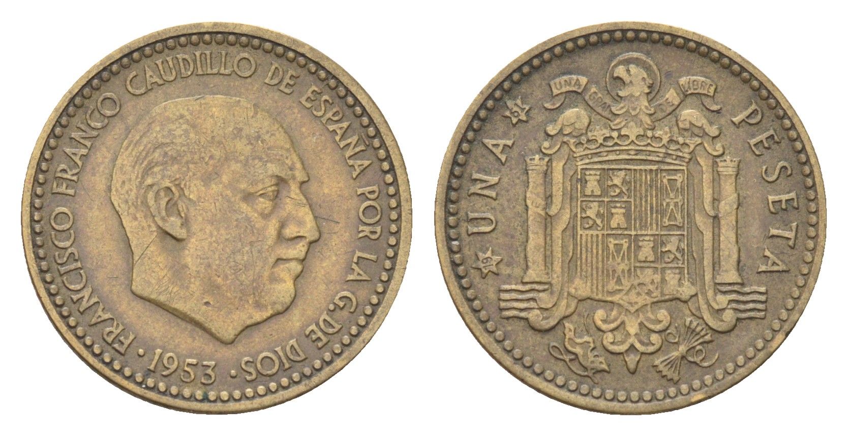 Испания 1 песета 1953 (61) Франциско Франко (1939-1975) KM 775 алюминиевая бронза 4705-1043