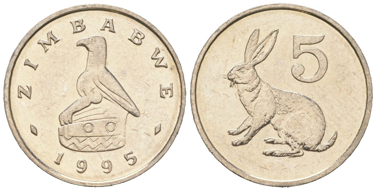 Зимбабве 5 центов 1995 рыжий кролик KM 2 медно-никель UNC 4615-1145