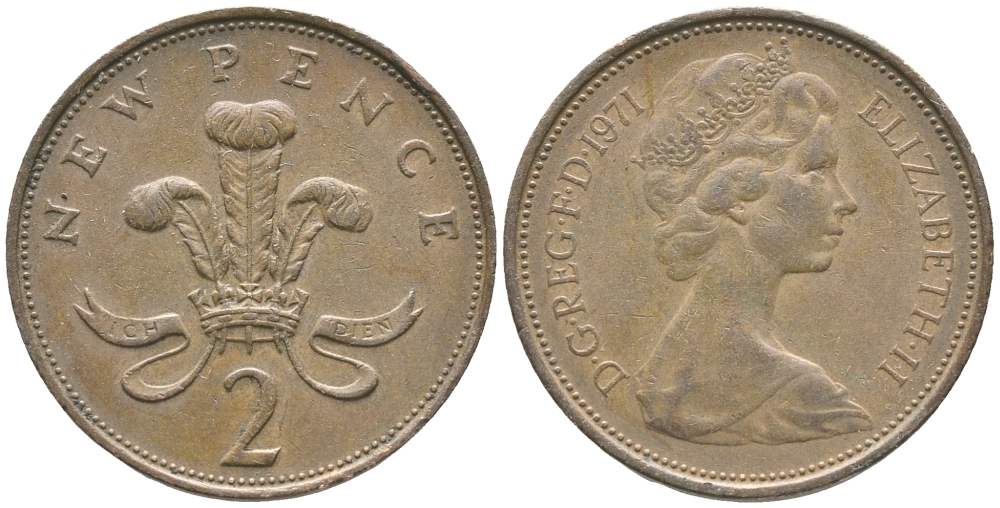 Великобритания 2 пенса 1971 Елизавета II (1952-2022) KM 916, Spink 4235 (C1) бронза 4397-422