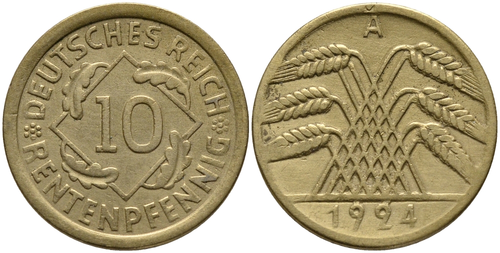 ГЕРМАНИЯ 10 РЕНТЕНПФЕННИГОВ 1924 А KM 33, J. 309, Weege 8 алюминиевая бронза 51-425
