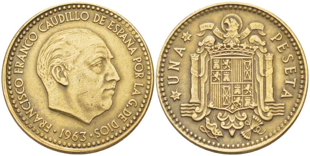 Испания 1 песета 1963 (64) Франсиско Франко (1939-1975) KM 775 алюминиевая бронза 213-134