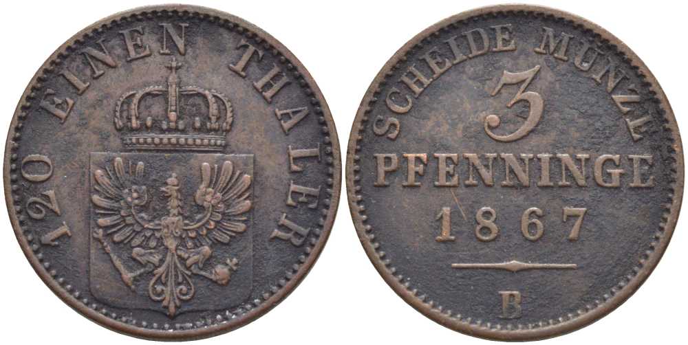 ПРУССИЯ 3 ПФЕННИГА 1867 В, ВИЛЬГЕЛЬМ I (1861-1888) KM 482 медь 117-941